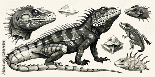 Vintage Scientific Illustration – Detailed Iguana Anatomy with Fossils and High Contrast Ink Drawing