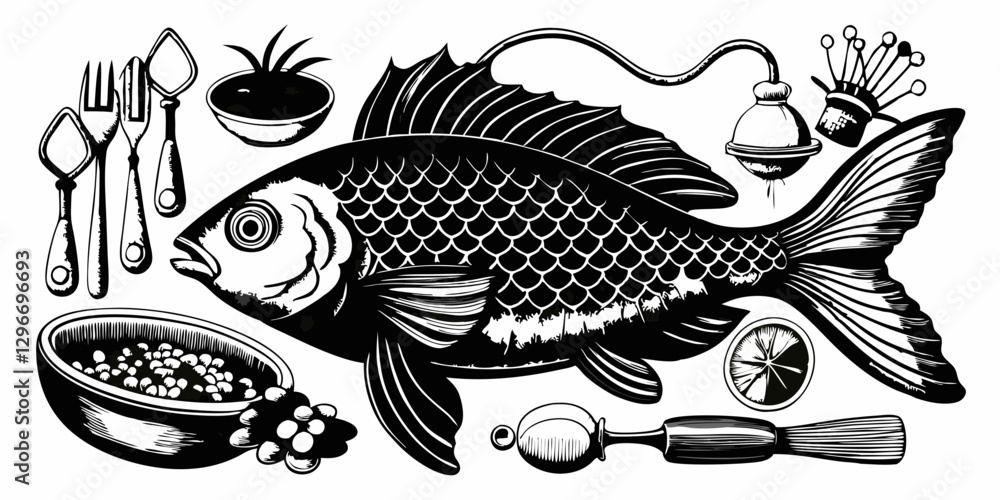 Naklejka premium Vintage Black and White Seafood Cookbook Style – Hand-Drawn Cooking Utensils and Marine Life