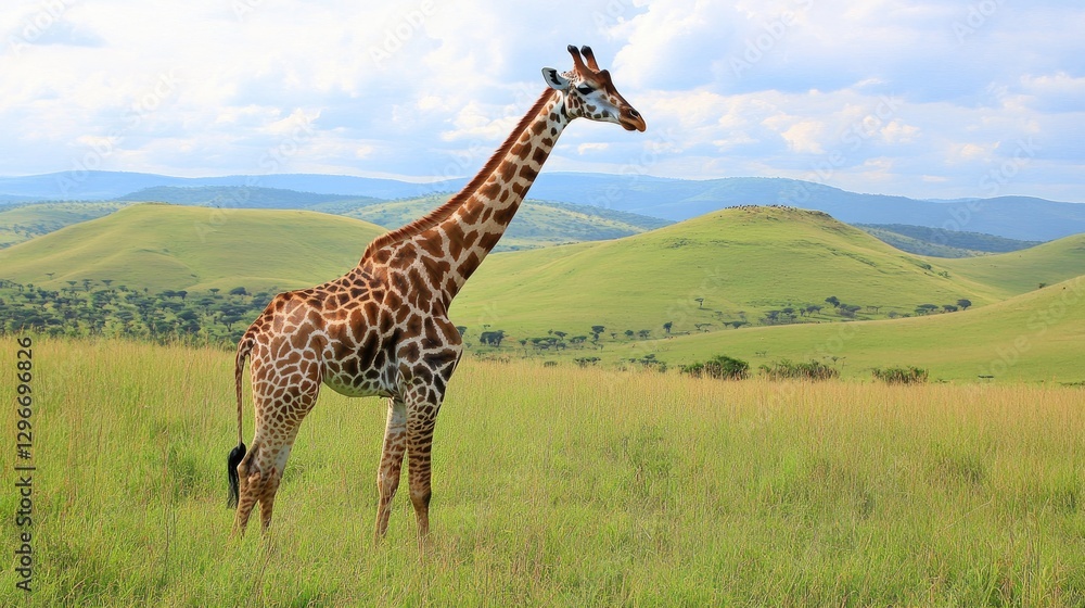 Obraz premium Giraffe in the foreground with rolling grassland and distant hills in the background