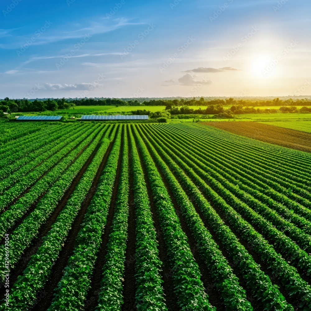 Aerial View of Expansive Green Fields at Sunrise with Vibrant Blue Sky and Sunlight Aerial View of Expansive Green Fields at Sunrise with Vibrant Blue Sky and Sunlight