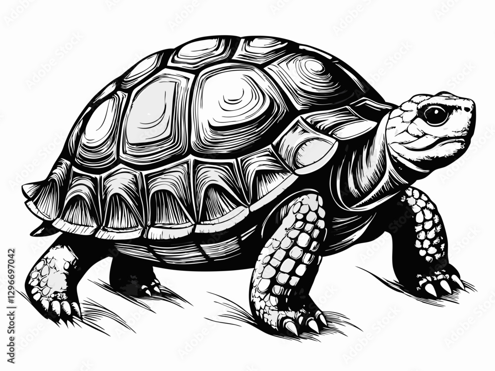 Fototapeta premium Detailed Black and White Turtle Sketch – Realistic Tortoise Drawing with Intricate Shell Texture