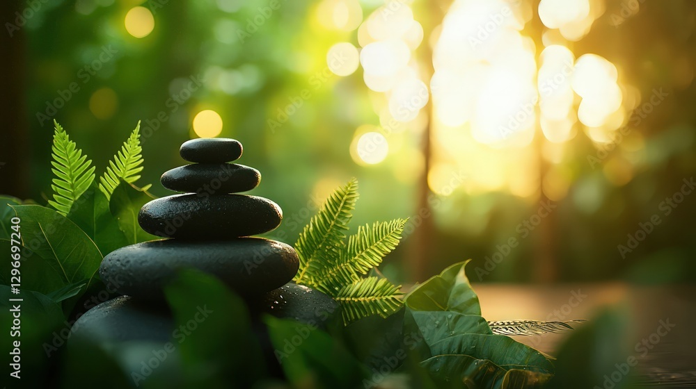 Obraz premium Balanced Stones Surrounded by Lush Green Leaves and Soft Morning Light in Nature