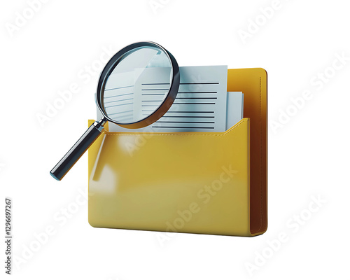 3D Rendered Yellow Folder with Magnifying Glass and Documents on transparent background Generative Ai
