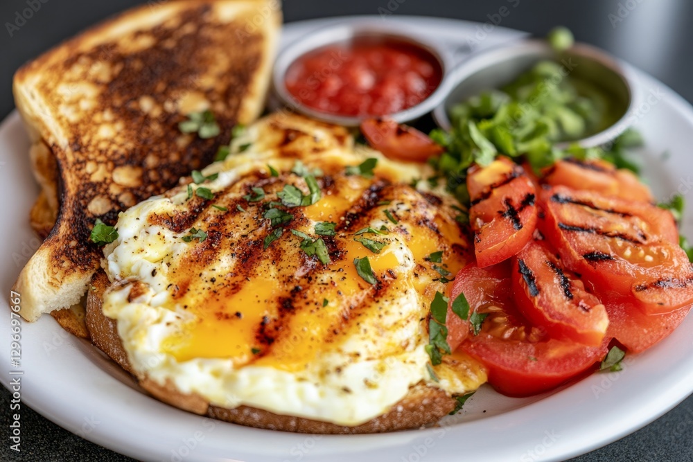 A classic American diner plate with scrambled eggs, toast, and grilled tomatoes on the side A classic American diner plate with scrambled eggs, toast, and grilled tomatoes on the side
