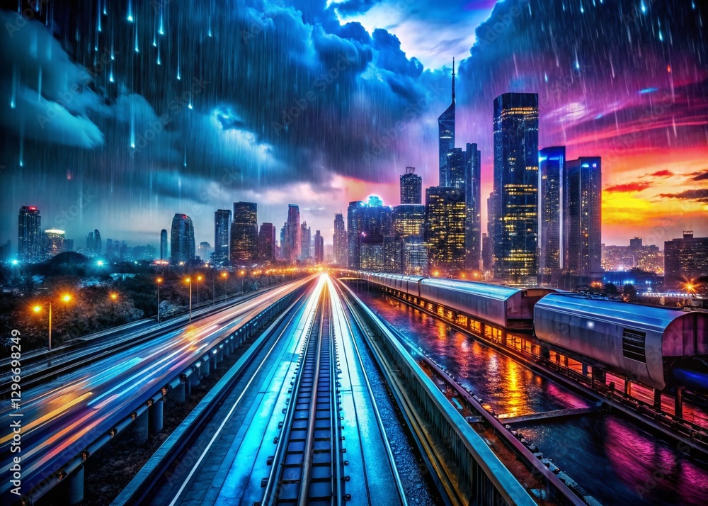 Fototapeta premium Night Cityscape: Speeding Train & Cloud Computing Data Stream