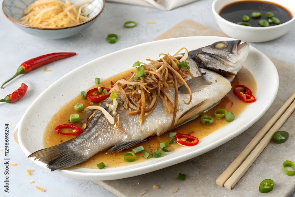A close-up, appetizing image of a whole steamed fish on a white oval plate, garnished with fried shallots, spring onions, and red chili peppers, with a light gray background