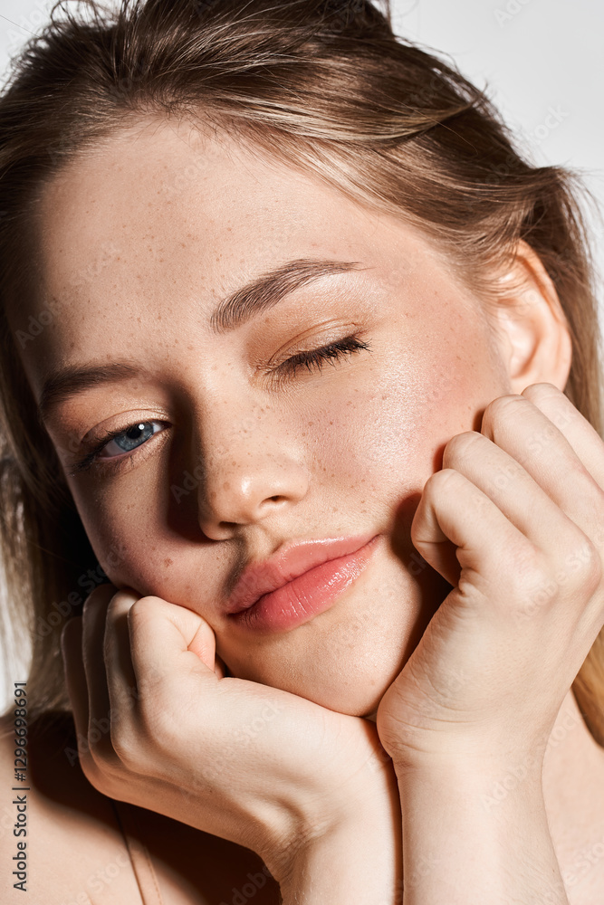 Expressive young woman winks playfully while resting her chin on delicate hands Expressive young woman winks playfully while resting her chin on delicate hands