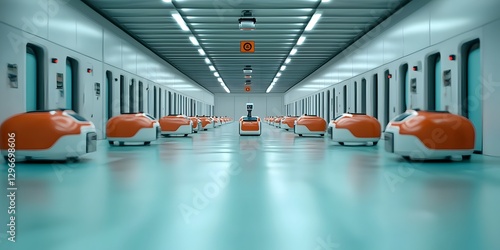 Timelapse of a futuristic warehouse hub where autonomous robots and intelligent algorithms seamlessly orchestrate the movement of goods for global distribution  Vast