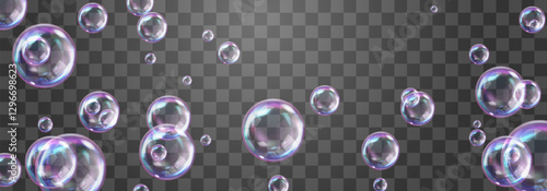 Vector realistic soap bubbles with rainbow reflection isolated on png background. Transparent colorful soap bubbles. Vector summer design element