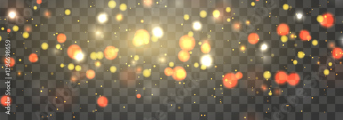 Vector glowing bokeh light effect isolated on png. Soft blured bokeh and lights. Festive golden luminous background. Vector festive glitter texture overlay isolated on transparent background