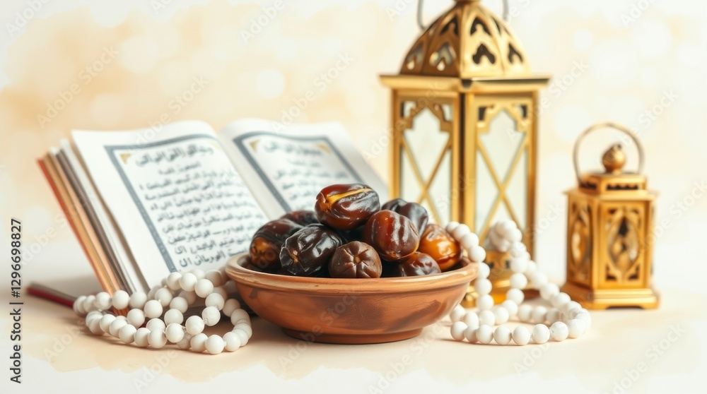 Ramadan Still Life with Dates, Quran, and Lantern Ramadan Still Life with Dates, Quran, and Lantern