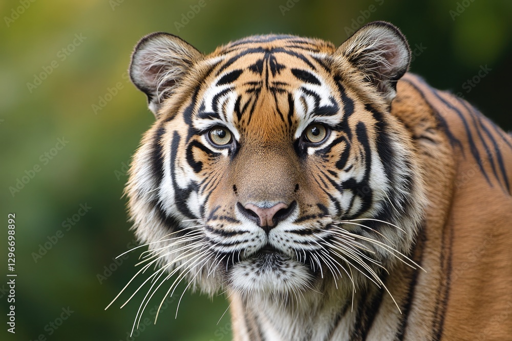 Majestic tiger gazes intently, showcasing striking stripes and f