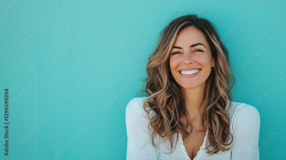 A cheerful woman posing casually in front of a bright blue backdrop. A cheerful woman posing casually in front of a bright blue backdrop.