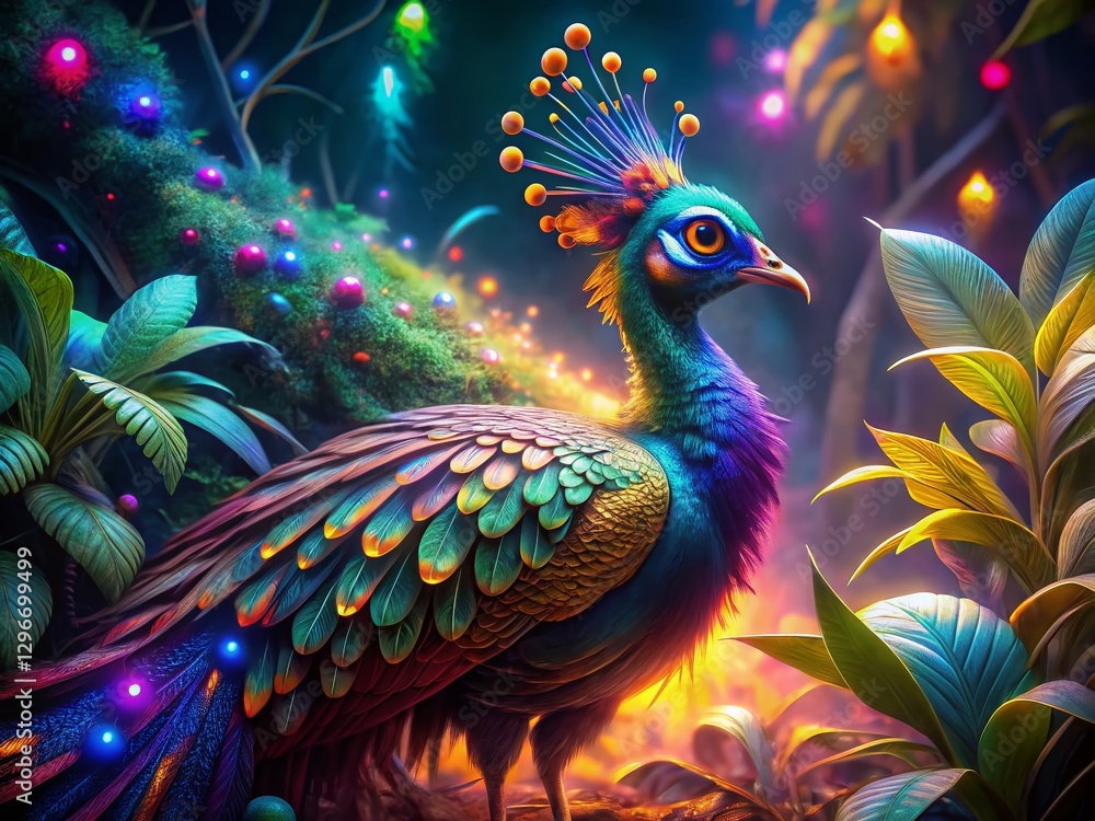 Fototapeta premium Night Jungle Peacock: Vibrant Neon Feathers Close-Up Drone Shot