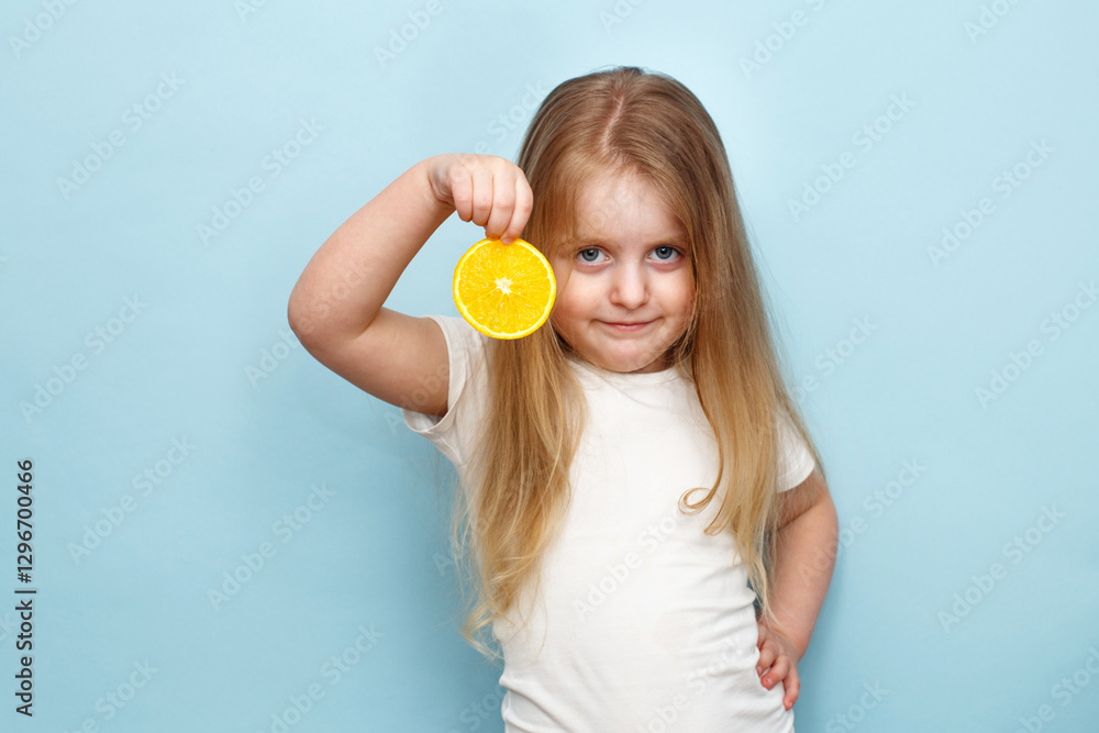 Happy child girl holding halve of orange on studio blue background Happy child girl holding halve of orange on studio blue background