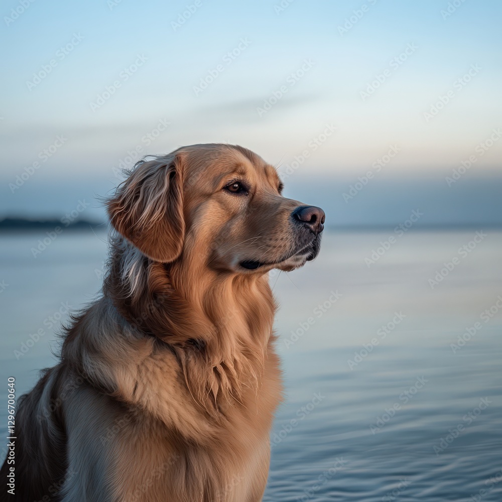 Intimate Close-Up of a Dog at the Water's Edge with a Serene Seascape Intimate Close-Up of a Dog at the Water's Edge with a Serene Seascape