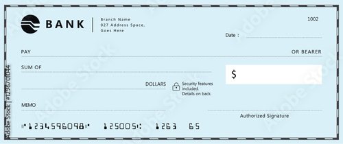 Blue Bank check, vector blank money cheque, checkbook template with guilloche pattern and fields. Currency payment coupon, money check background	
