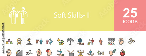 Soft skills line icon set. Set of 30 outline icons related to interpersonal skill, emotional intelligence, teamwork, mindset, problem solving, vision and others. Editable stroke. Vector illustration.S