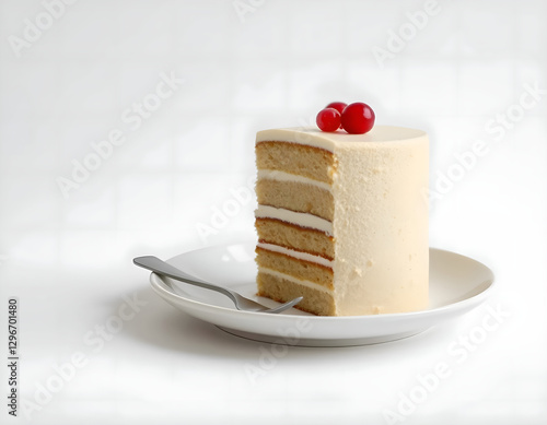 A slice of elegant layer cake, served on a white plate with a white background. Several layers of golden sponge cake separated by layers of white cream and red jam.