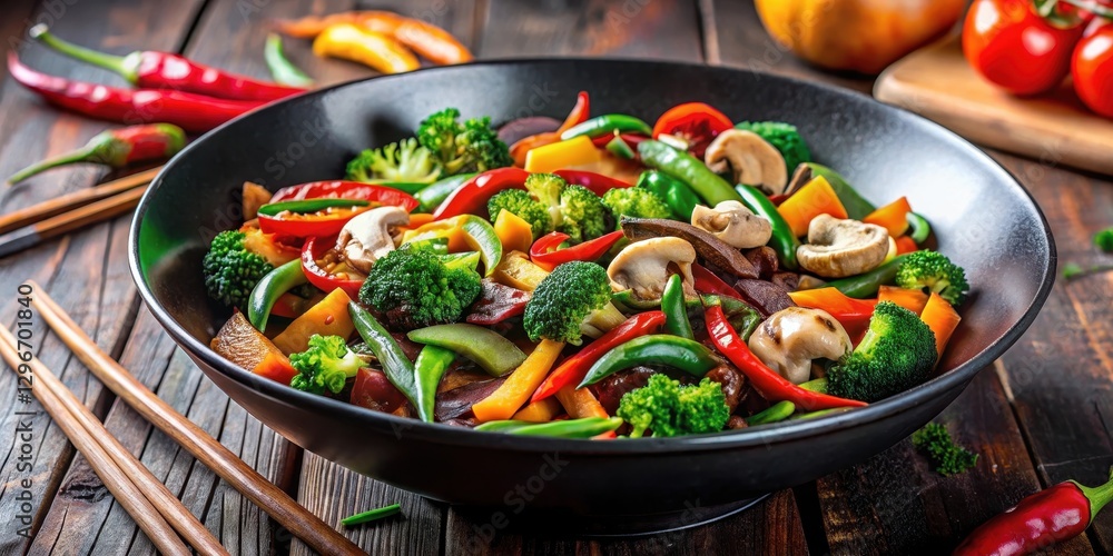 Aromatic vegetables and mushrooms in a wok stir-fry , vibrant colors, Asian cuisine Aromatic vegetables and mushrooms in a wok stir-fry , vibrant colors, Asian cuisine