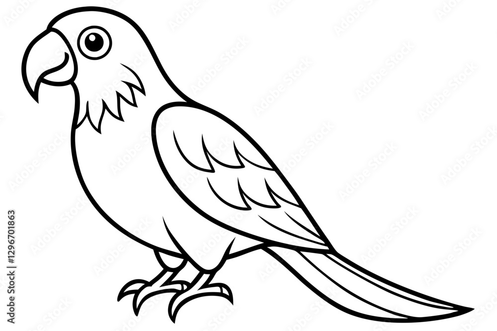 Fototapeta premium Cartoon Parrot Line Drawing – Simple Black and White Illustration with Big Eye and Curved Beak