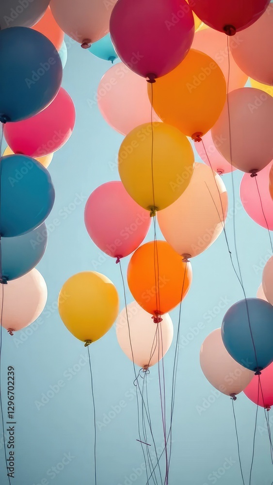 A bunch of balloons in different shapes and sizes rising high, shapes, buoyant, sizes A bunch of balloons in different shapes and sizes rising high, shapes, buoyant, sizes