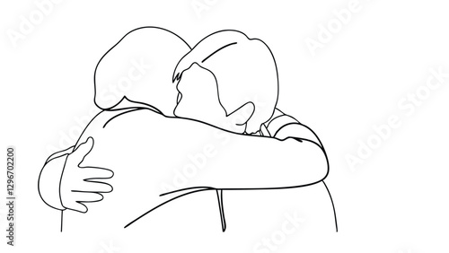 Tender Embrace Line Art Drawing of Two People Hugging