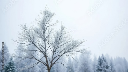 A delicate bare fir tree stood under an icy grey frosty sky, tree, delicate, palpable