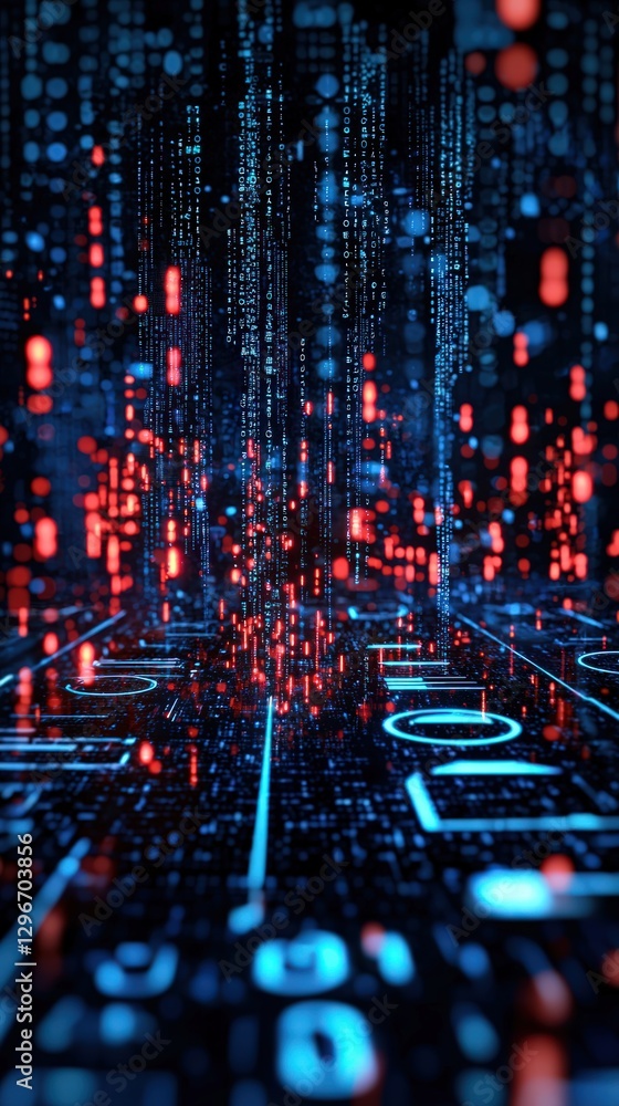 Obraz premium Abstract Digital Matrix Visualization with Pulsing Blue and Red Lights in a Technological Environment