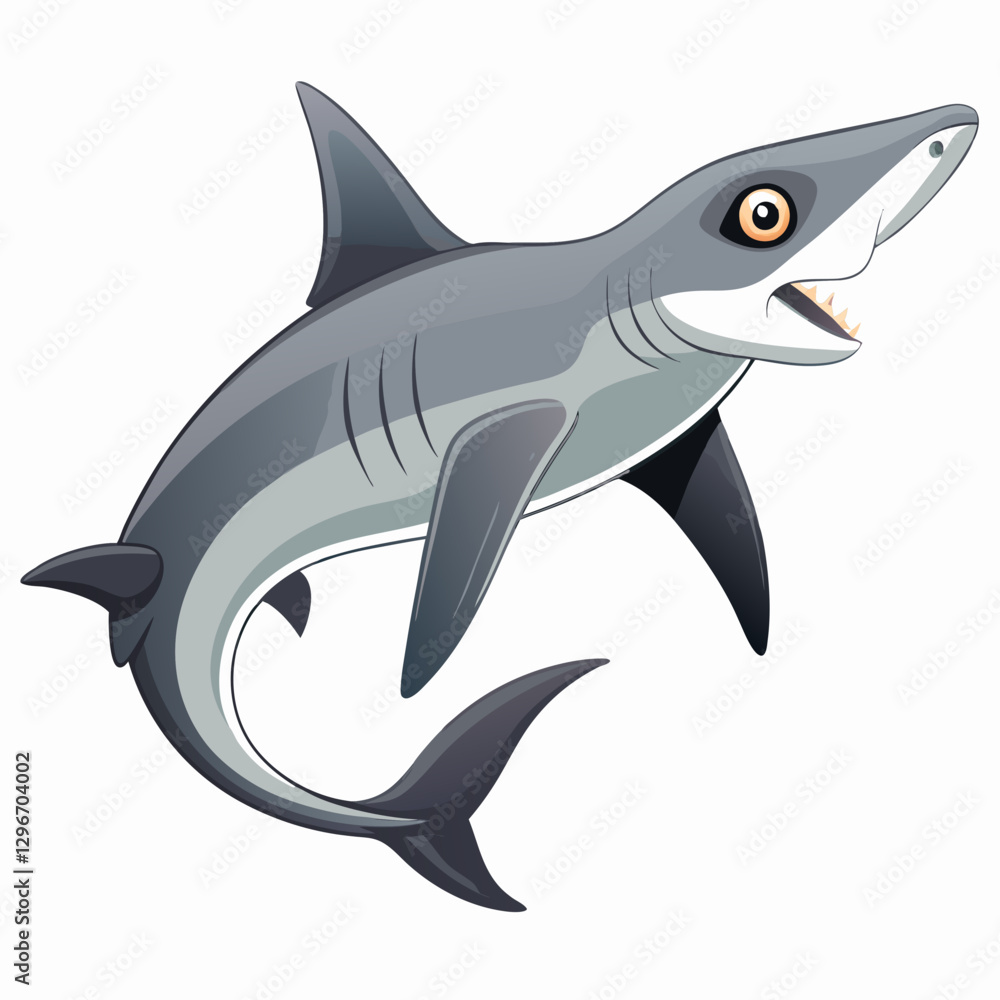 Obraz premium Friendly Cartoon Shark – Smiling Gray and White Ocean Predator in Dynamic Pose for Children’s Book Illustration