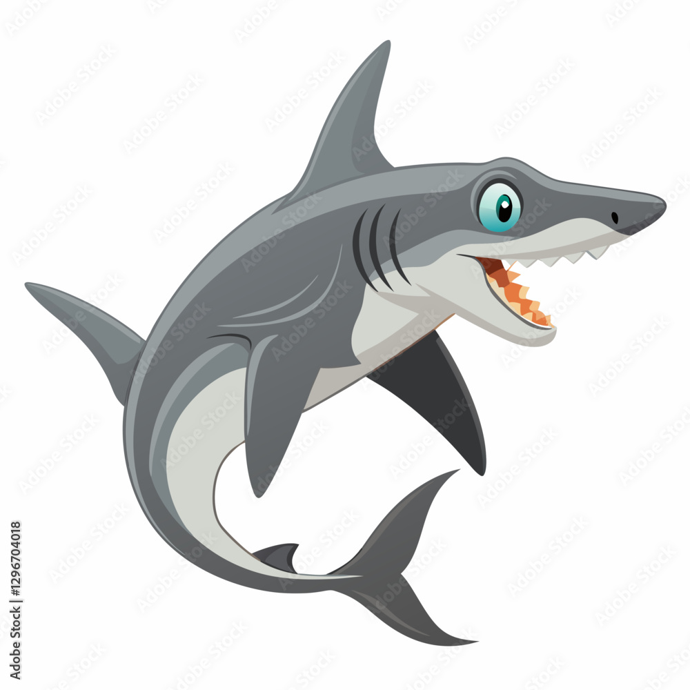 Fototapeta premium Friendly Cartoon Shark – Smiling Gray and White Ocean Predator in Dynamic Pose for Children’s Book Illustration