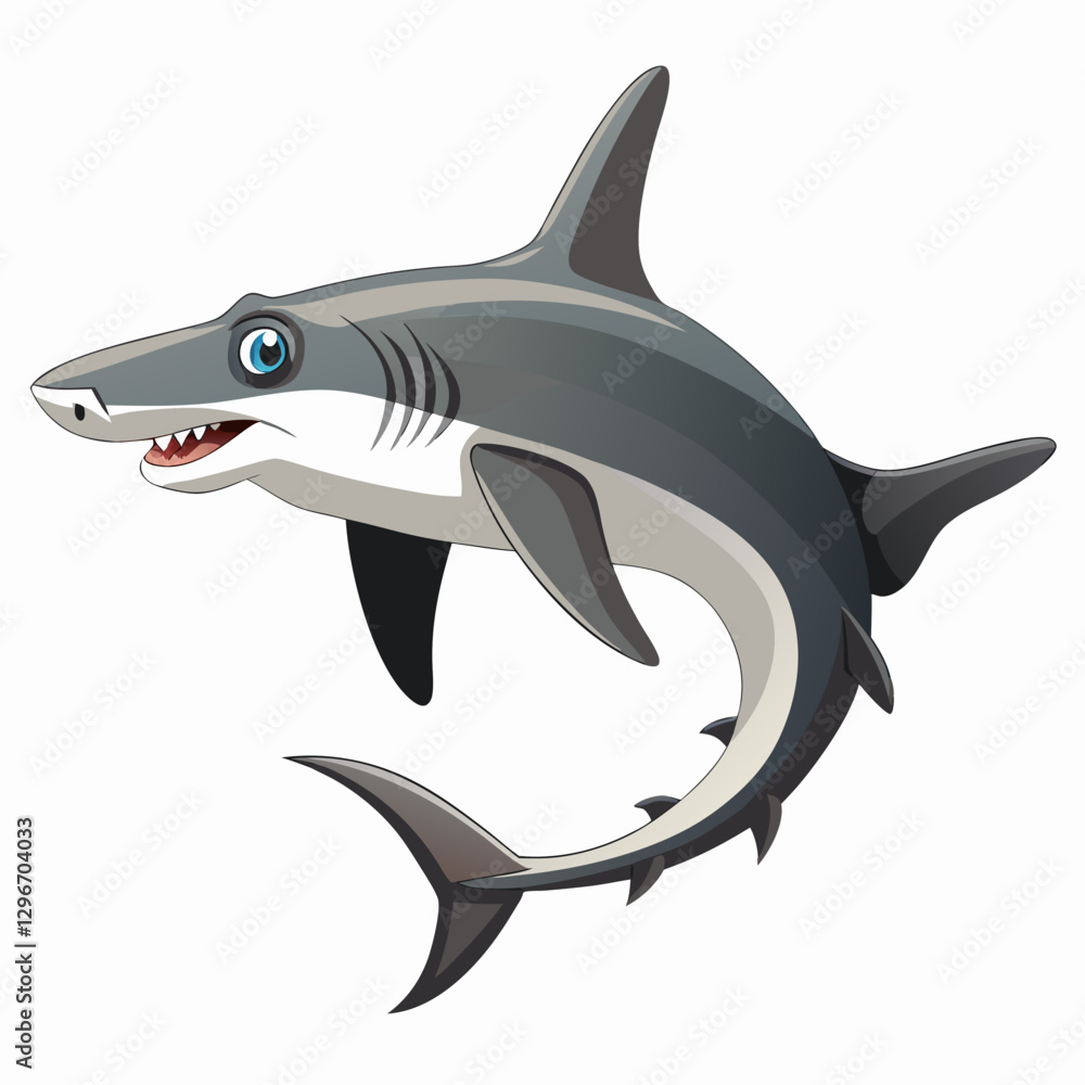 Obraz premium Friendly Cartoon Shark – Smiling Gray and White Ocean Predator in Dynamic Pose for Children’s Book Illustration