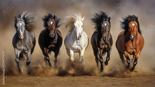 Five horses galloping, dust trail, plains, sunset, poster