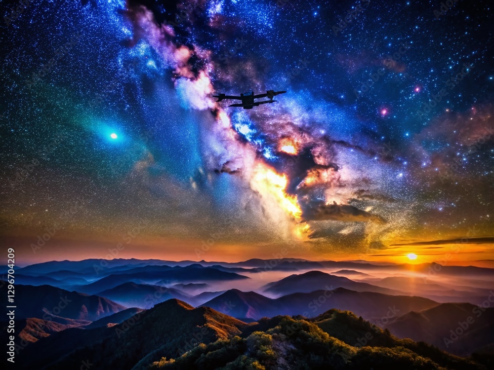 Naklejka premium Night Sky Drone Shot: Dusty, Scratched Film Grain Effect