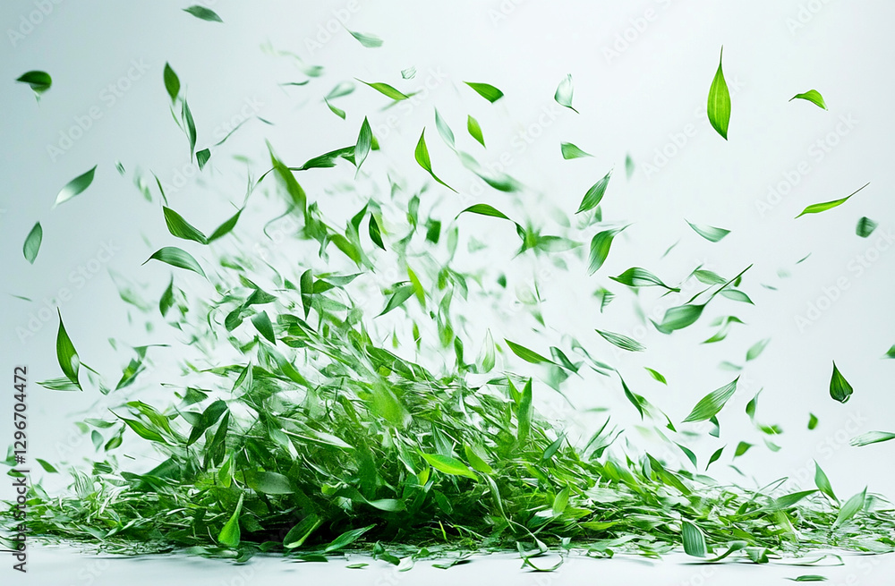 Obraz premium A pile of green grass blades floating in the air on a white background