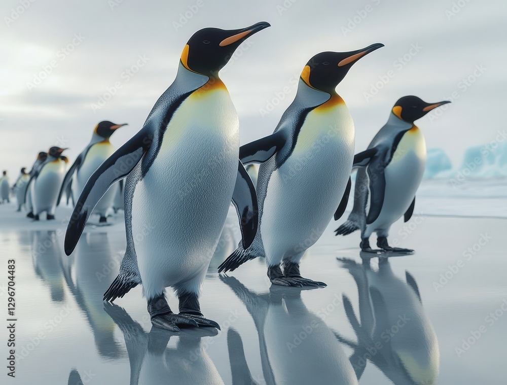 Obraz premium A Group of Stylish Penguins Walking Along the Icy Shoreline with Reflections, Showcasing Their Unique Features and Captivating Colors in a Serene Atmosphere