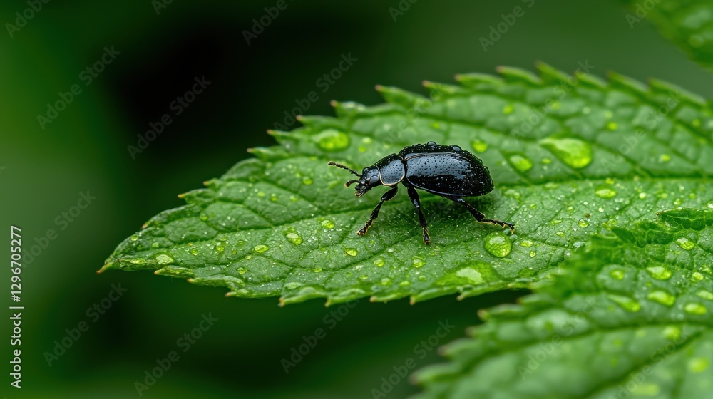 Naklejka premium Close-up of a shiny black beetle perched on a green leaf covered with water droplets, showcasing its intricate details in nature