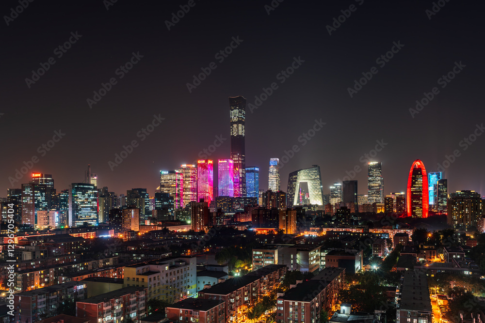 Obraz premium The style of Beijing, China, the light show of the building complex of China World Trade Center, and the charm of a modern metropolis