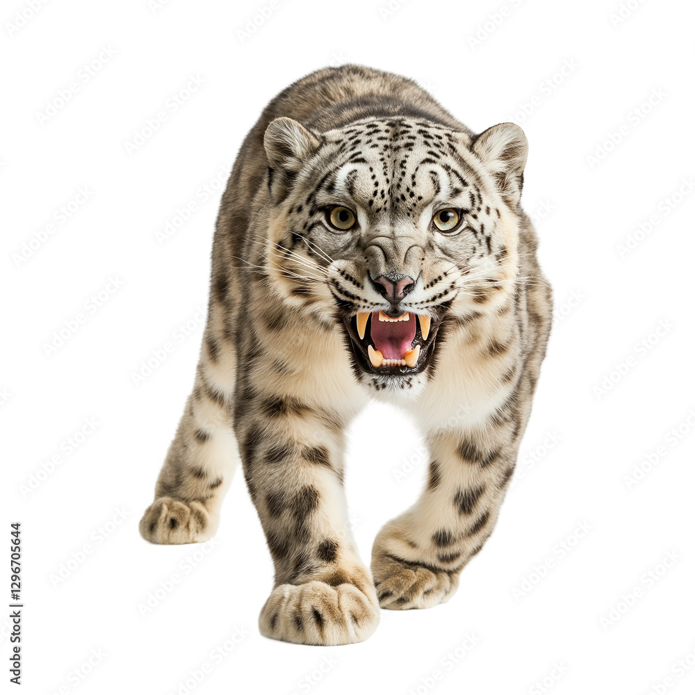 Aggressive Snow Leopard in Fierce Stance isolated on white or transparent background, png. Easy to place on any other background Aggressive Snow Leopard in Fierce Stance isolated on white or transparent background, png. Easy to place on any other background