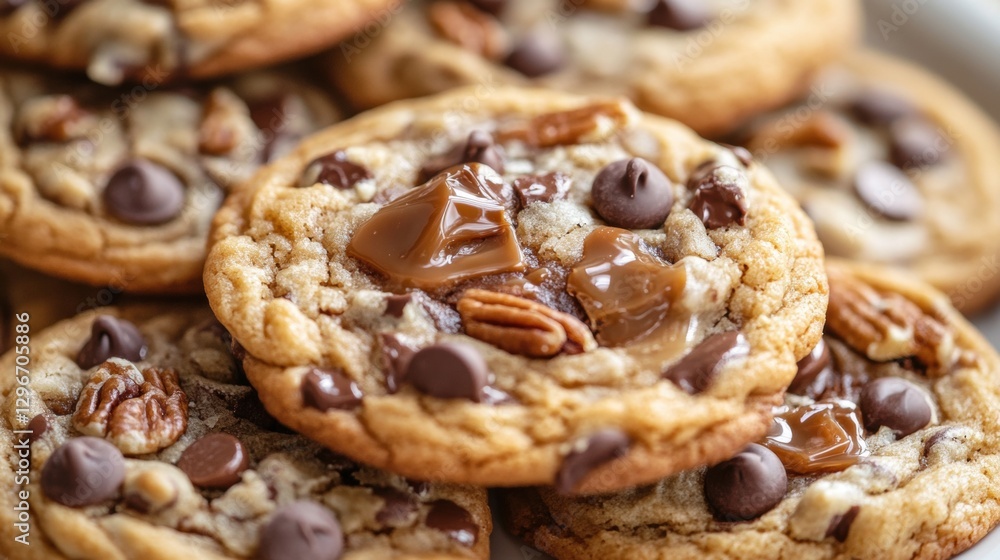 Selection of homemade cookies with chocolate chips, nuts, and caramel in a cozy close-up. Selection of homemade cookies with chocolate chips, nuts, and caramel in a cozy close-up.