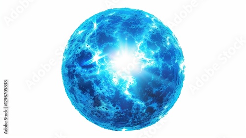 A glowing blue star emitting intense light and solar flares, floating against a pure white background. The high-definition shot captures the plasma energy and surface activity.