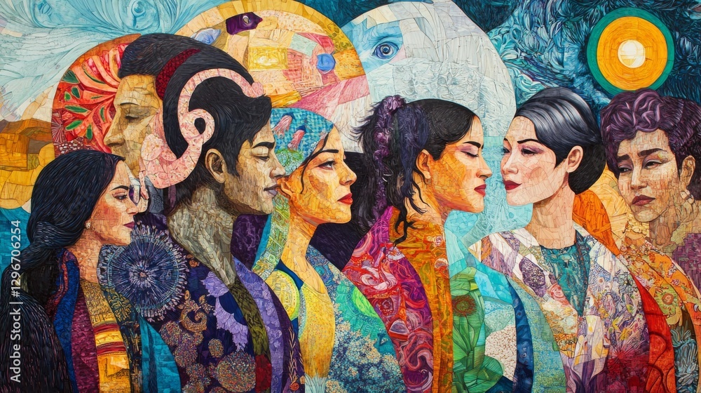 Fototapeta premium Colorful mural depicting diverse women in traditional attire with intricate patterns and vibrant backgrounds