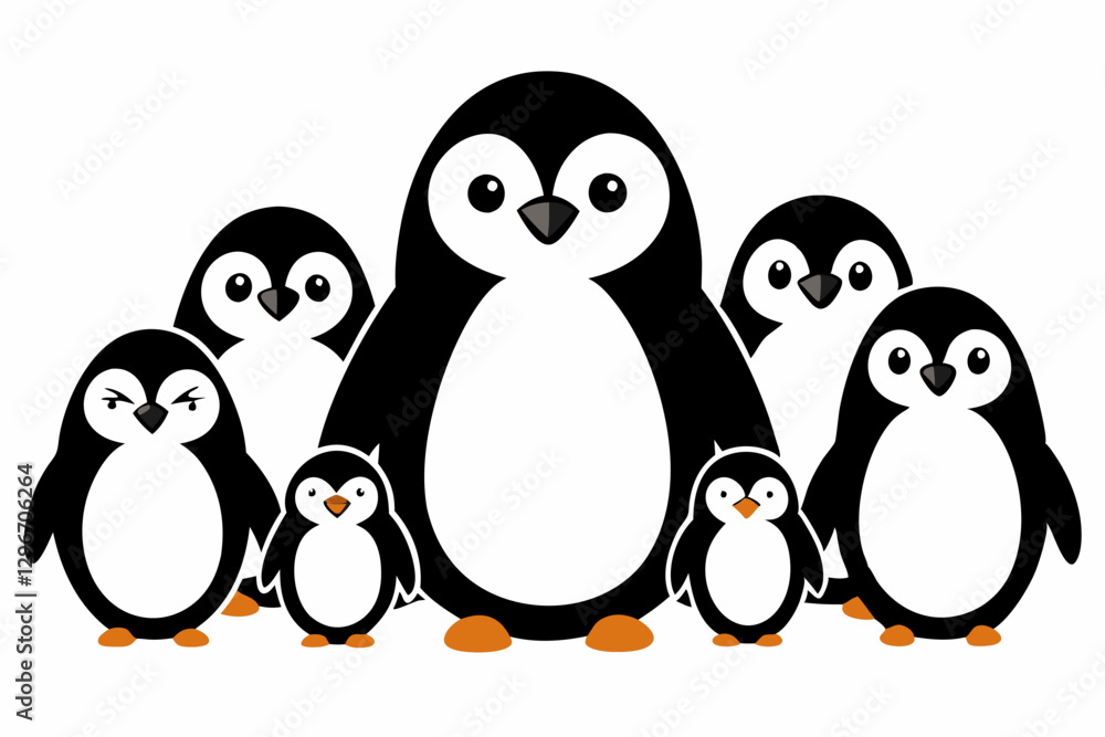 Fototapeta premium Cute Cartoon Penguin Family – Minimalist Vector Art with Adorable Chicks and Whimsical Design