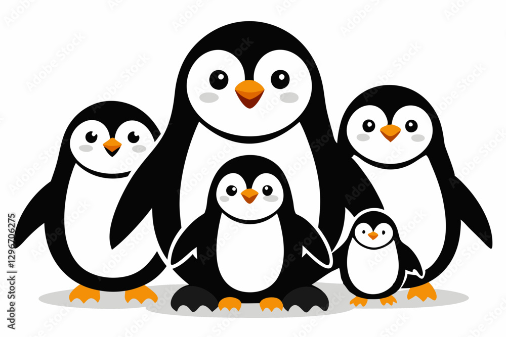 Fototapeta premium Cute Cartoon Penguin Family – Minimalist Vector Art with Adorable Chicks and Whimsical Design