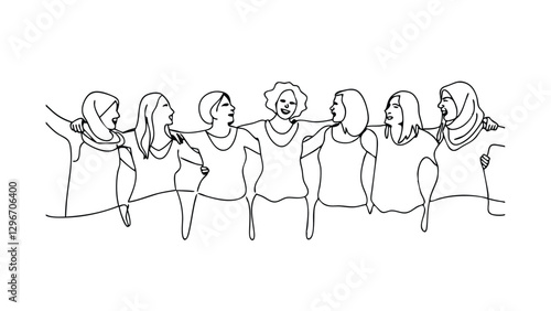 A singleline drawing depicts seven women of diverse backgrounds embracing, symbolizing unity, sisterhood, and mutual support. Their linked arms show strong bonds and shared experience.
