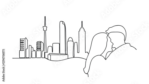 Cityscape Romance Couple Silhouette Against Modern Skyline