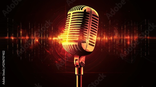 A clean vector illustration of a podcast microphone with sound waves emanating outward.