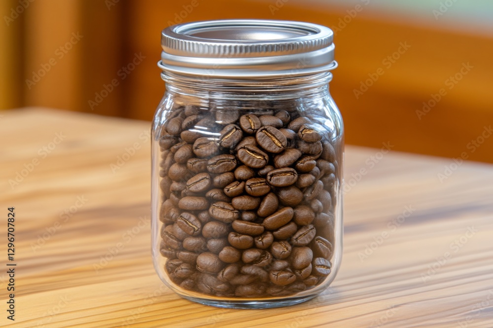 A coffee shop counter with an overflowing glass jar of whole coffee beans A coffee shop counter with an overflowing glass jar of whole coffee beans