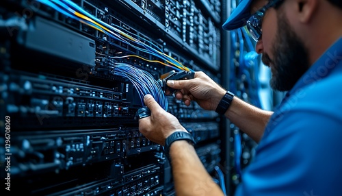 Technician connects cables in server room