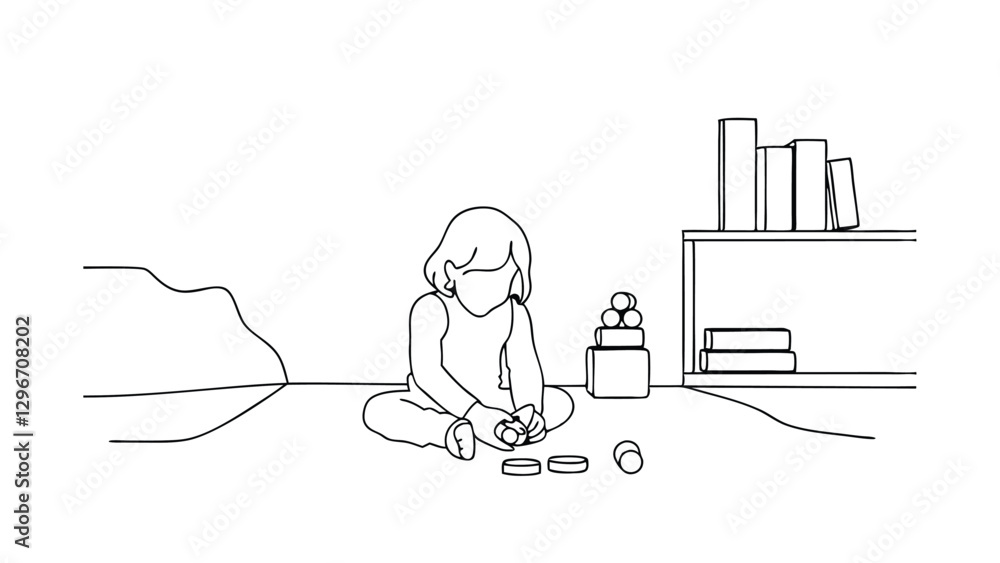 A minimalist line drawing shows a toddler sitting on the floor, intently playing with colorful blocks and stacking toys in their room. Bookshelves are in the background. A minimalist line drawing shows a toddler sitting on the floor, intently playing with colorful blocks and stacking toys in their room. Bookshelves are in the background.